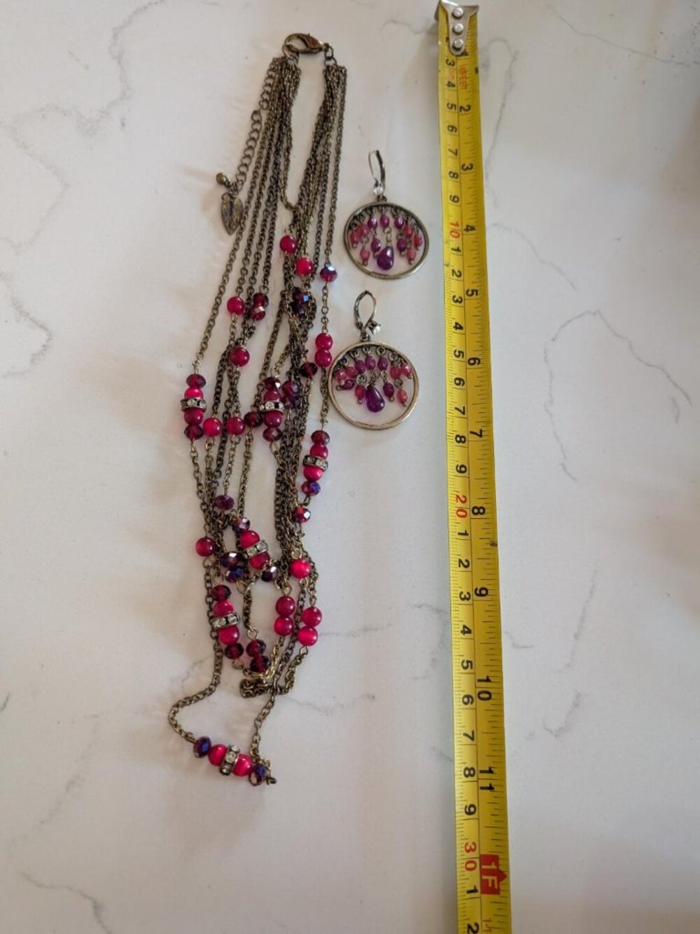 Vintage Red Burgundi Multi-Strand Beaded Glass Necklace with Matching Earrings